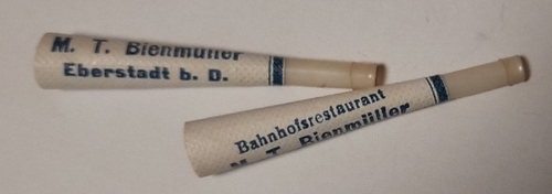 Bienmüller, M.T.  2 alte Mundstücke für Zigaretten jeweils mit Aufdruck Bahnhofsrestaurant M.T. Bienmüller Eberstadt b.D, (Darmstadt) 
