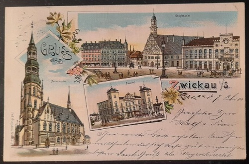   Ansichtskarte AK Gruss aus Zwickau (Farblitho mit Marienkirche, Bahnhof, Hauptmarkt) 