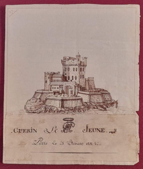 Guerin Le Jeune  Handzeichnung Federzeichnung "Abbildung einer Burg / Schloß" (hs. "Paris Lo 28 Pluviose an 10") 