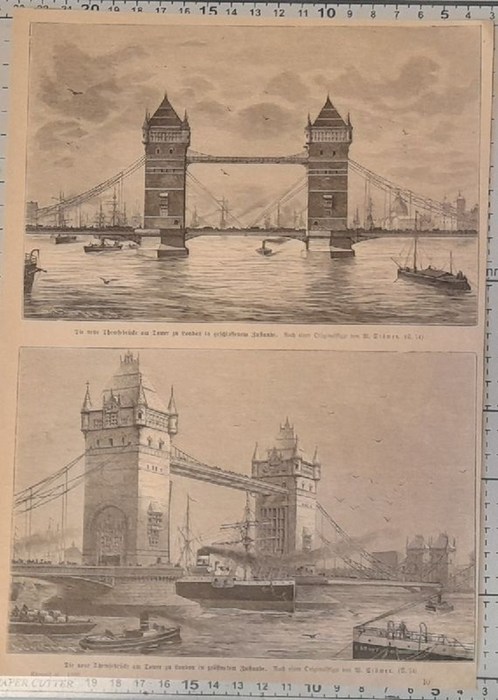 Stöwer, Willy  2 Holzstiche auf einem Blatt "Die neue Themsebrücke am Tower zu London in geschlosseneme und in geöffnetem Zustande (Holzstich nach Originalskizzen v. Willy Stöwer) 