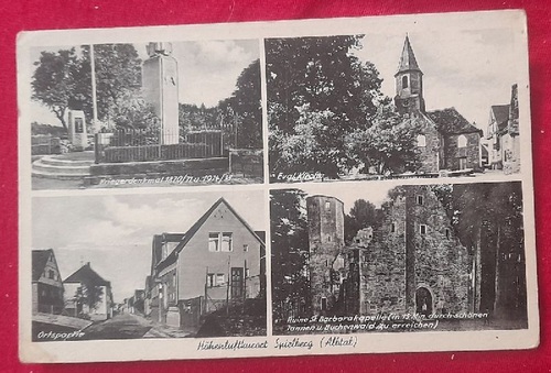   Ansichtskarte AK Spielberg (heute Karlsbad) 4 Motive (Kriegerdenkmal 1870/71 u. 1914/18; Ev. Kirche, Ortspartie, Ruine St. Barbarakapelle) 