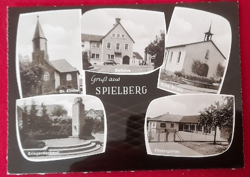   Ansichtskarte AK Gruß aus Spielberg (heute Karlsbad) Kr. Karlsruhe 5 Motive (Kath. Kirche, Rathaus, Ev. Kirche, Kriegerdenkmal, Kindergarten) 