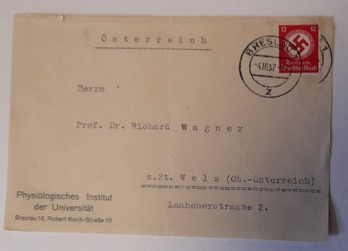 Wagner, Richard Prof.Dr.  Briefstück des Physiologischen Institus der Universität Breslau an Prof.Dr. Richard Wagner in Wels (Oberösterreich) 