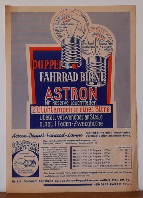 Astron  Werbeblatt "Doppel Fahrrad Birne Astron mit Reserve-Leuchtfaden. 2 Glühlampen in einer Birne" 
