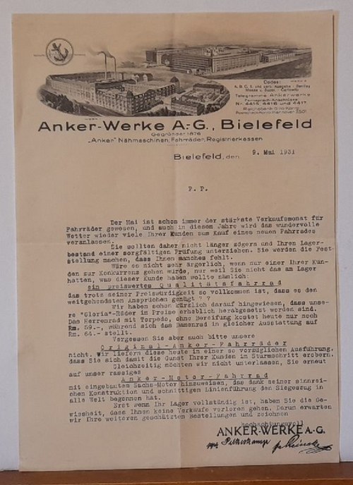 Anker  Werbeblatt der Anker-Werke A.-G. Bielefeld an Fahrrad-Händler mit schönem Briefkopf 