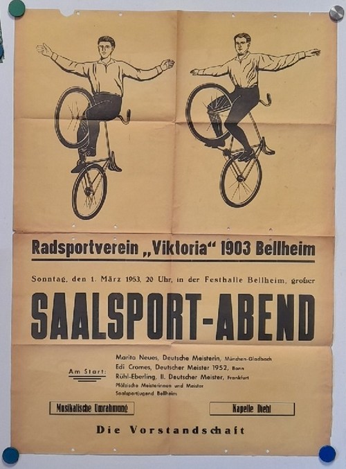 Viktoria Bellheim  Original-Plakat Radsportverein Viktoria Bellheim 1903 Festhalle Bellheim großer Saalsport-Abend 1. März 1953 