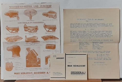 Schlecht, Max  2 Werbeblatt und 1 Postkarte / Bestellkarte der Firma Max Schlecht in Dresden (1. Motorrad-Sattel und - Zubehör (14 Abb.); 2. Die Universal-Kerze für amerikanische Wagen (Anm. Zündkerze); 3. Bestellkarte) 