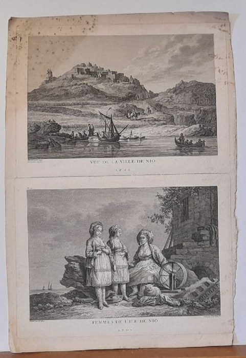 Hilair, J.B. und J.L. Delignon  Kupferstich "Vue de la Ville de Nio / Femmes de l'Ile de Nio (= IOS)" (A.P.D.R.) 