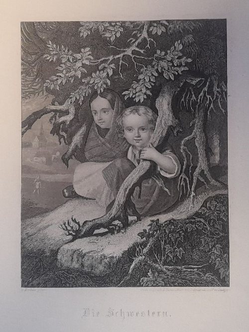 v. Embde (pinx.), (August)  Alter Stich "Die Schwestern" (2 Mädchen unter einem Baum, im Hintergrund eine Ansiedlung) 