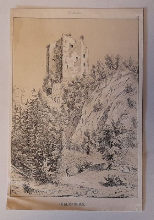   Lithographie Blick auf die Ruine Gilgenberg, im Vordergrund Staffagefigur mit Hund 