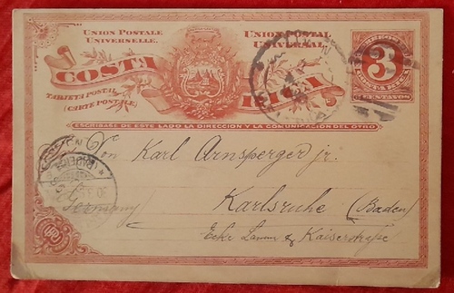   AK Ansichtskarte / Ganzsache aus Costa Rica an Karl Arnsperger Karlsruhe Ecke Lamm- und Kaiserstraße von Otto Barnstedt mit Wert 3 Centavos 