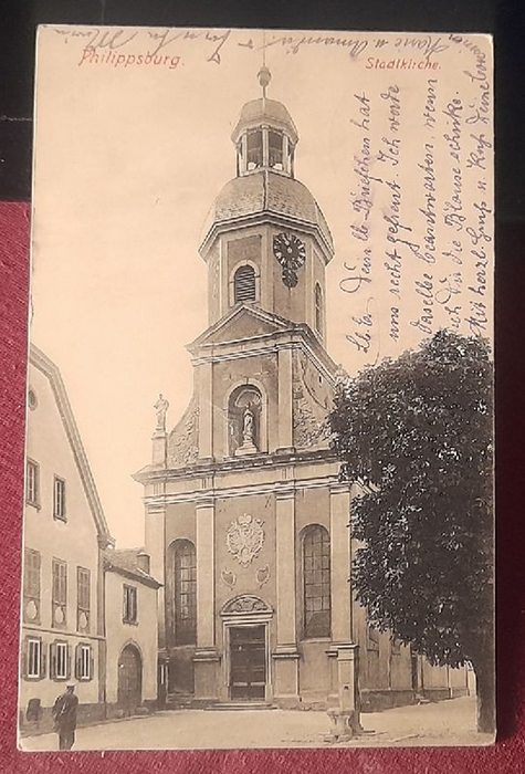   Ansichtskarte AK Philippsburg. Stadtkirche (Philippsburg bei Bruchsal/Karlsruhe. Stempel Bruchsal-Germersheim Bahnpost Zug 1091 10/10) 