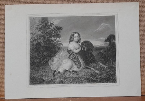 Winterhalter, F. (Franz Xaver)  Stahlstich Mädchen mit Hund vor Landschaftskulisse 