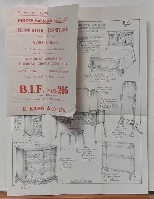 Kahn & Co., E.  Werbeblatt / advertising leaflet from February 1939 Superior Furniture. English & French (Our Full Range is on exhibition at our spacious Showrooms, at: - 6-8 & 10 St. Andrew Street, Holborn Circus, London E.C. 4 --- B.I.F. Stand 205 /// For Hepplewhite Reproduction. Mahagony Bedroom Suite) 