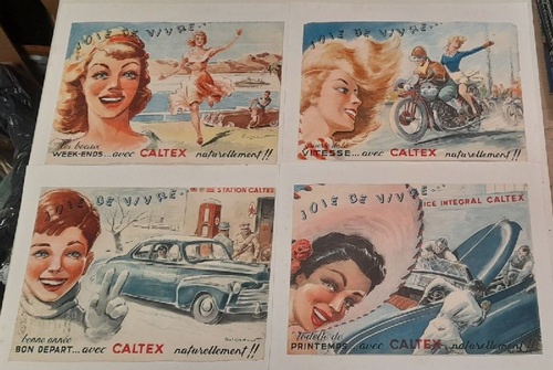 Ordner, Paul  4 x Werbung CALTEX v. Paul Ordner 1901-1969 Werbeblatt (Motive Öl Tankstelle Motorrad Mercedes Coupe) 