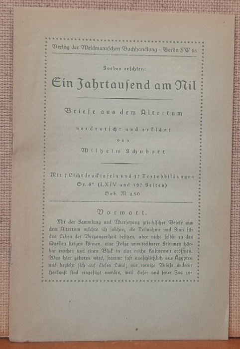 Schubart, Wilhelm  Verlagsprospekt / Werbung für das Buch "Ein Jahrtausend am Nil. Briefe aus dem Altertum. [Verdeutscht und erklärt von Wilhelm Schubart]" 