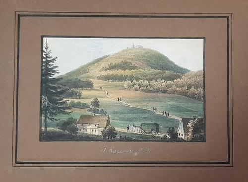 ohne Angabe  Lithographie in Farbe "Lauscha 1851 (hs.)" (Bauernhöfe, Heuernte etc.) 