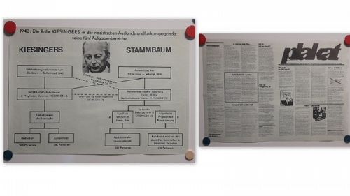 plakat-gruppe  Plakat Nr. 3 Dezember 1968 (Abb. Kiesingers Stammbaum; Die rolle Kiesingers in der nazistischen Auslandsrundfunkpropaganda 1943) 