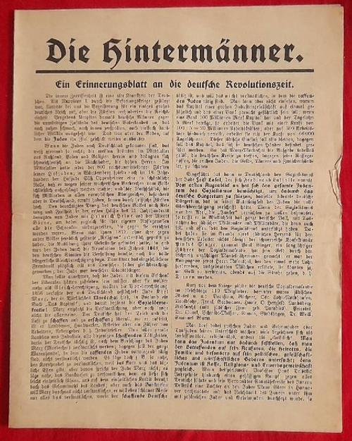 ohne Angaben  Die Hintermänner - Ein Erinnerungsblatt an die deutsche Revolutionszeit (Antisemitisches Flugblatt evtl. aus der Feder von Karl Rohm) 