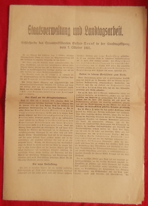 Trunk, Gustav  Flugblatt "Staatsverwaltung und Landtagsarbeit" (Schlußrede des Staatspräsidenten Gustav Trunk in der Landtagssitzung vom 7. Oktober 1921) 