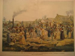 Angerer, C. (Gschl)  Personen-Zug auf der ersten, am 27. September 1823 erffneten Eisenbahnstrecke Stockton-Darlington in England (Farbiges Blatt nach einer gleichzeitigen Darstellung) 