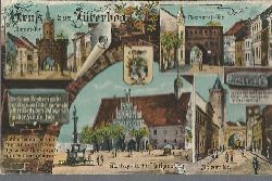 ohne Autor  Ansichtskarte Gru aus Jterbog (Damm-Tor, Neumarkt-Tor, Marktplatz mit Rathaus, Zinnaer Tor und drei Sprche) 