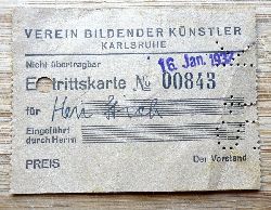 VbK Karlsruhe  Eintrittskarte "Verein bildender Knstler" Karlsruhe v. 16. Januar 1937 fr Herrn Stich 