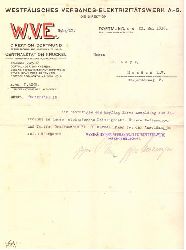 W.V.E.  Schreiben der W.V.E. Westflisches Verbands-Elektrizittswerk AG Direktion Dortmund v. 20. Mai 1915 (Besttigungsschreiben fr die Anmeldung zum Anschluss an das elektrische Leitungsnetz fr einen J. Leyk in Menden) 