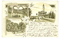   Ansichtskarte. Gruss aus Grlitz (3 Motive) (Litho. Viaduct u. Laufsteg, Weinberghaus, Springbrunnen im Stadtpark m. Humboldt-Denkmal) 