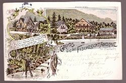   Ansichtskarte Wiesbaden. Gruss aus der Fischzuchtanstalt. Litho (3 Motive. Bruthaus, Restaurant, Beim Fang und Spruch) 