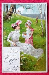   Ansichtskarte AK Frhliche Ostern (Edle Dame und Tochter beim Ostereiersuchen) 