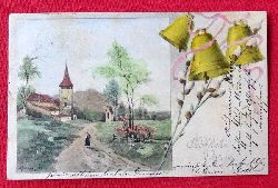   Ansichtskarte AK Frhliche Ostern (Farblitho Einsamer Wanderer vor Kirche mit Weidenktzchen und Kirchenglocken) 