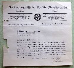 Henglein, Friedrich August  1seitiges Schreiben mit Briefkopf "Nationalsozialistische Deutsche Arbeiterpartei Gauleitung Baden" an Prof. Henglein (Gratulation zum Geburtstag) 