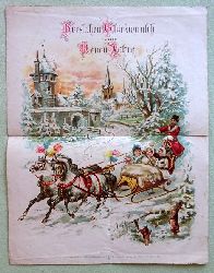   Groes Blatt (27,8 x 21,7cm) "Herzlichen Glckwunsch zum Neuen Jahre (Farblitho Schlitten mit Pferden und Kutscher, sowie drei Mdchen in Winterlandschaft) 