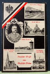   Ansichtskarte AK Grsse aus Russisch-Polen (Alexandrowo Bahnhof; Konin Rathaus; Lodz St. Matthus-Kirche; Kalisch Bahnhof; Czenstochau Klosterkirche und Hindenburg (Stempel Feldpoststation Et.Insp. 9. Armee) 