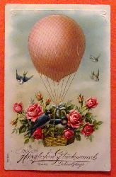   Ansichtskarte AK Herzlichen Glckwunsch zum Geburtstage (Litho Ballon mit Blumen und Schwalben, Prgedruck) 