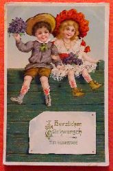   Ansichtskarte AK Herzlichen Glckwunsch zum Geburtstage (2 Kinder mit Blumenstruen auf Mauer) 