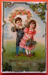  Ansichtskarte AK Herzlichen Glckwunsch zum Geburtstage (2 Kinder mit Blumenschmuck. Prgekarte) 