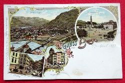   Ansichtskarte AK Gruss aus Bozen. Farblitho (Gesamtansicht Bozen und Virgl; Johannesplatz; Obstplatz; Torggelhaus) 