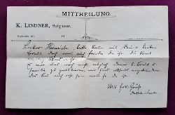   1 Blatt Mittheilung der Fhirma K. Lindner, Hofglaser in Karlsruhe (beschrieben) 