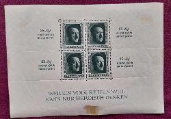   4er Block zum 48. Geburtstag v. Hitler 6Pf mit Text "Wer ein Volk retten will, kann nur heroisch denken" und Randaufdruck "25Rpf einschlielich Kulturspende" (Wasserzeichen: Hakenkreuze) 