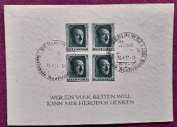   4er Block zum 48. Geburtstag v. Hitler 6Pf mit Text "Wer ein Volk retten will, kann nur heroisch denken" (Wasserzeichen: Hakenkreuze. Mit Stempel Berlin Nationale Ausstellung v. 18.4.1937) 