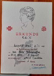   URKUNDE "fr Emil Leopold TV 1846 Karlsruhe (KTV) (Urkunde in Anerkennung fr den bei dem Kreis-Alterstreffen am 22.5.1955 im 3-Kampf, 1. Sieger) 