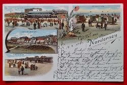   Ansichtskarte AK Gruss aus Norderney (Farblithografie, Promenade, Victoriastrasse, Damenstrand, Herrenstrand) 
