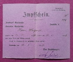 Wagner, Hans  Impfschein Formular I Impfbezirk Karlsruhe 