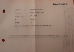   Staatsangehrigkeitsverlusterklrung fr Frieda Elisabeth Sara Kaufmann geb. Block, geb. am 23.4.1895 in Breslau (Gedruckter Text "Der deutschen Staatsangehrigkeit fr verlustig erklrt durch Bekanntmachung vom 4.9.1941......) (Umseitig mit Blei ein handschriftlicher Text zu der Familie Bleich von Waldeck von Wolfartsweier bei Durlach) 