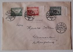   Umschlag mit 3 Briefmarken Norge Post 1943 Landshjelpen und 4 sauberen Stempeln "Haugesund" adressiert an Harald Porten, Haugesund 