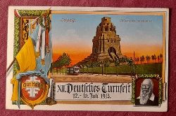   Ansichtskarte AK Leipzig. XII. Deutsches Turnfest 12.-16. Juli 1913 (Farblitho mit Vlkerschlachtdenkmal, Fahnen, Wappen und Turnvater Jahn) 