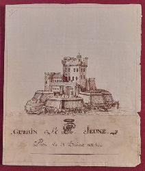 Guerin Le Jeune  Handzeichnung Federzeichnung "Abbildung einer Burg / Schlo" (hs. "Paris Lo 28 Pluviose an 10") 