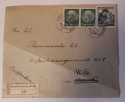   Briefstck des Kommando des Infanterregiments Nr. 8 in Wels (mit 2 Marken 40 Groschen Tirol und 2x6 Rpf grn Hindenburg, mit R-Zettel Trattenbach O.. 45 und 2 Stempeln Trattenbach) 